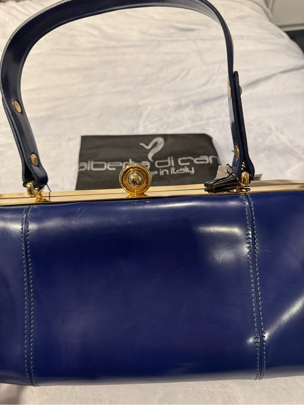 Alberta Di Canio Navy Blue Leather Satchel with Gold Hardware